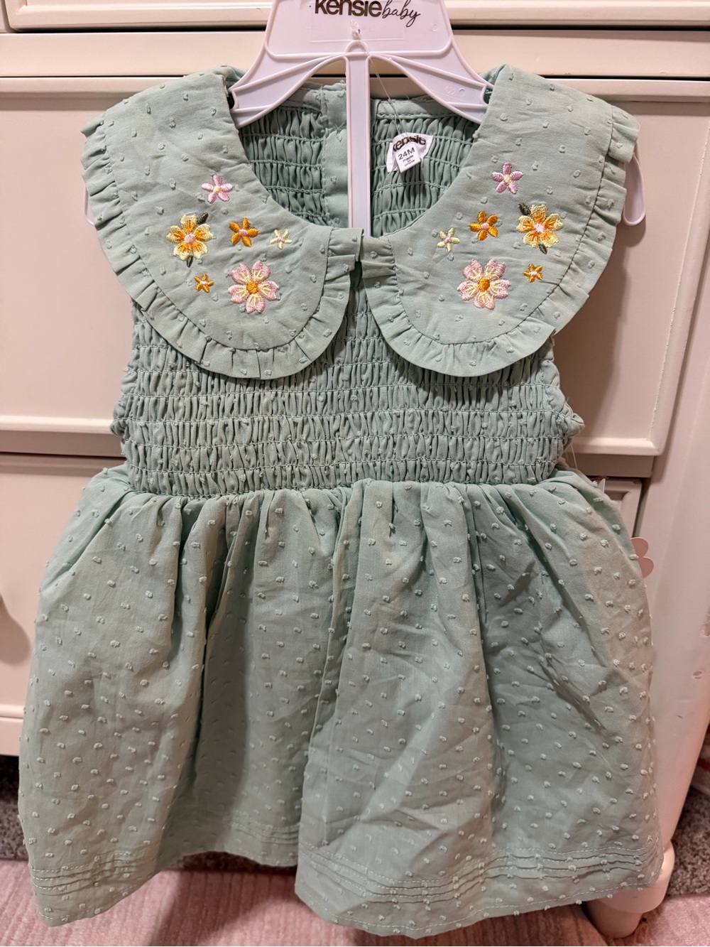Kensie Baby Mint Green Smocked Dress with Floral Embroidery